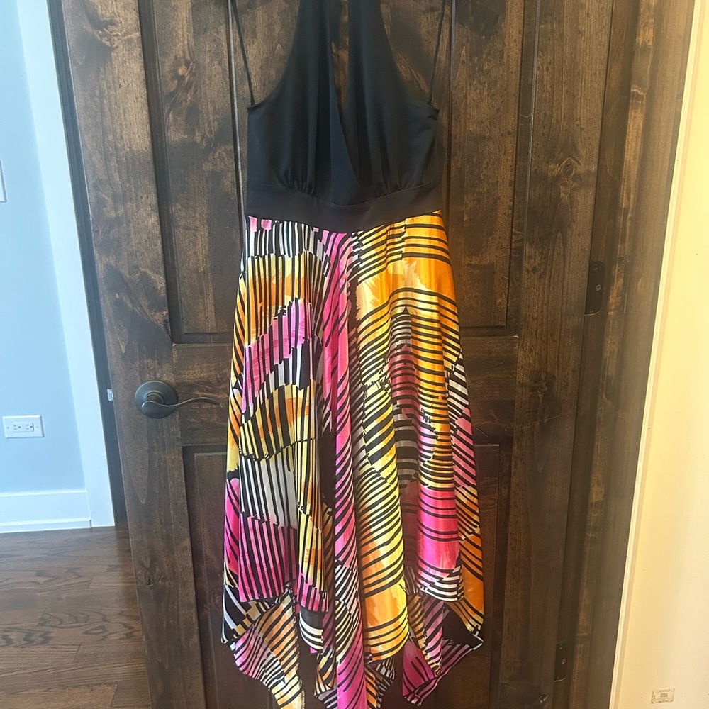 Famosa Black Halter Dress with Pink & Yellow Abstract Skirt